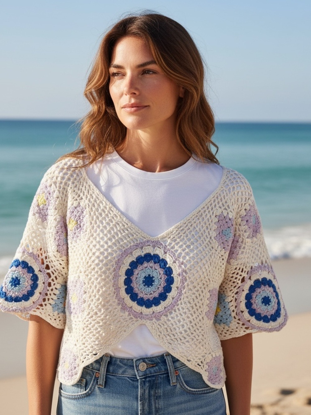 Zara Cream Crochet Cardigan with Lavender and Yellow Floral Accent
